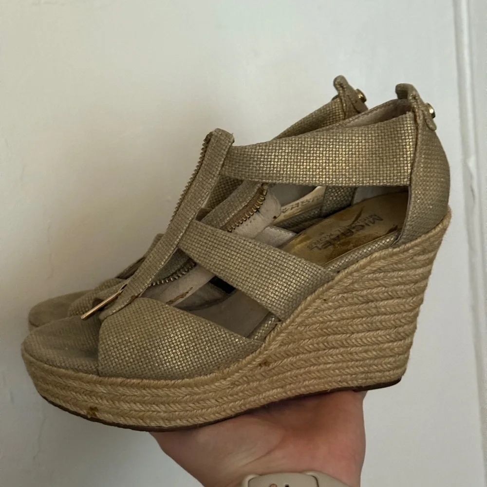 Michael Kors S7 Tan and Gold Berkley Zipper Espadrille Platform Wedge Sandal